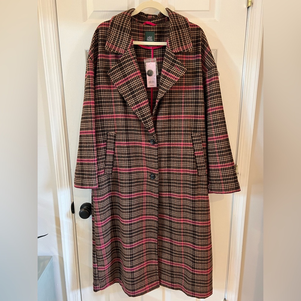 🆕 wild fable Brown Plaid Long Coat with Pink Accent